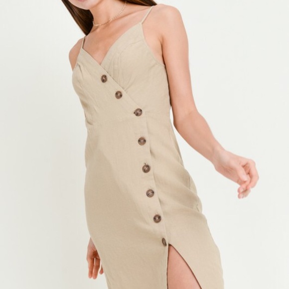 Khaki Button Down Midi Dress - Picture 2 of 4